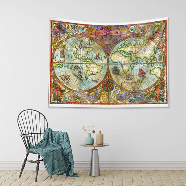 Renkli Süslemeli Çift Yarımküre Dünya Haritası Duvar Örtüsü 5143