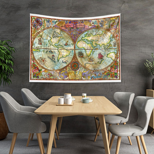 Renkli Süslemeli Çift Yarımküre Dünya Haritası Duvar Örtüsü 5143