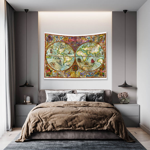 Renkli Süslemeli Çift Yarımküre Dünya Haritası Duvar Örtüsü 5143