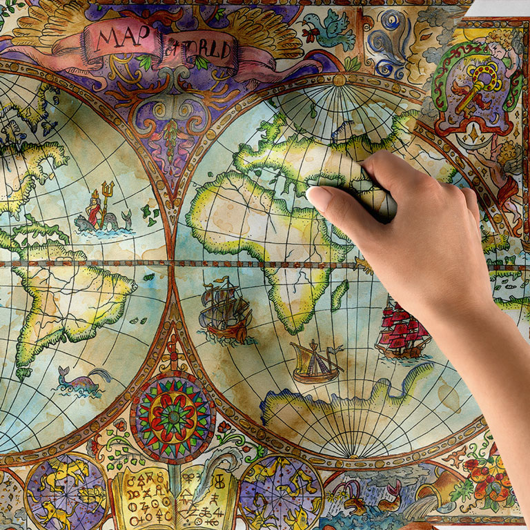 Renkli Süslemeli Çift Yarımküre Dünya Haritası Duvar Örtüsü 5143