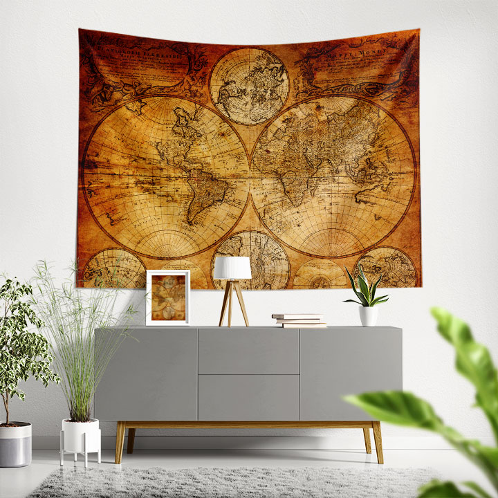 Antik Harita Stili Çok Panelli Dünya Haritası Duvar Örtüsü 5153