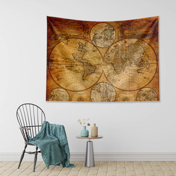 Antik Harita Stili Çok Panelli Dünya Haritası Duvar Örtüsü 5153