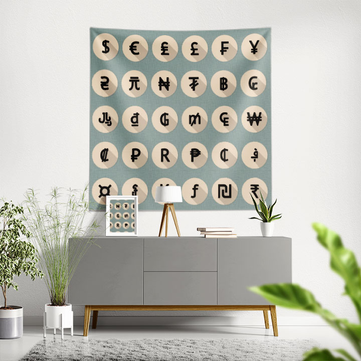 Para Birimleri Sembolleri Tasarımlı Duvar Örtüsü Kumaş Baskı 5356