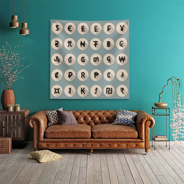 Para Birimleri Sembolleri Tasarımlı Duvar Örtüsü Kumaş Baskı 5356