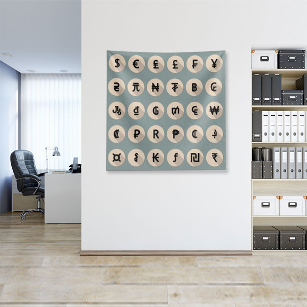 Para Birimleri Sembolleri Tasarımlı Duvar Örtüsü Kumaş Baskı 5356