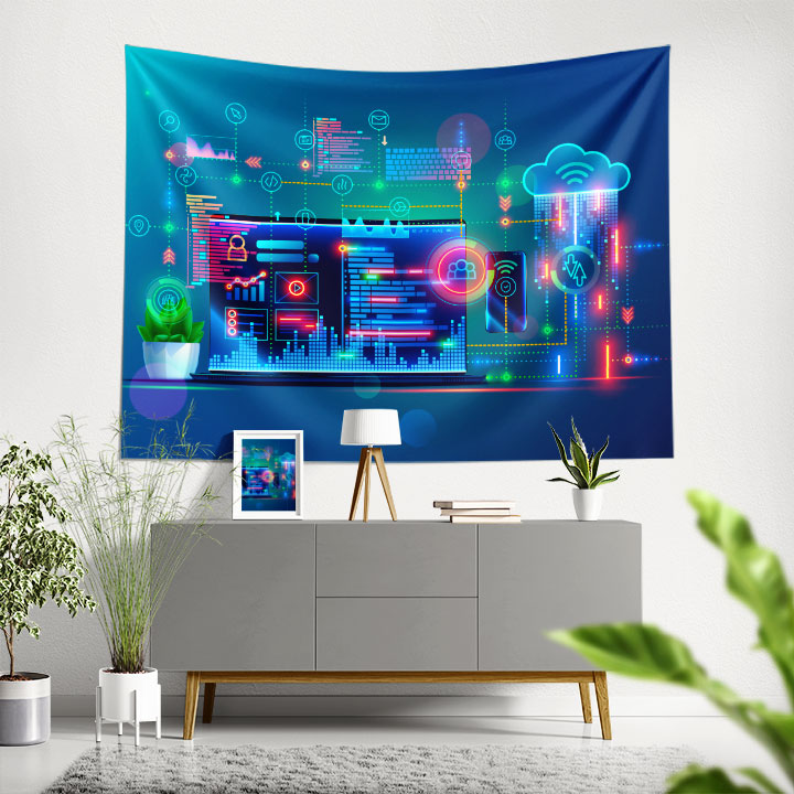 Neon Renkli Yazılım Arayüzü ve Bulut Teknolojisi Temalı Duvar Örtüsü 5418