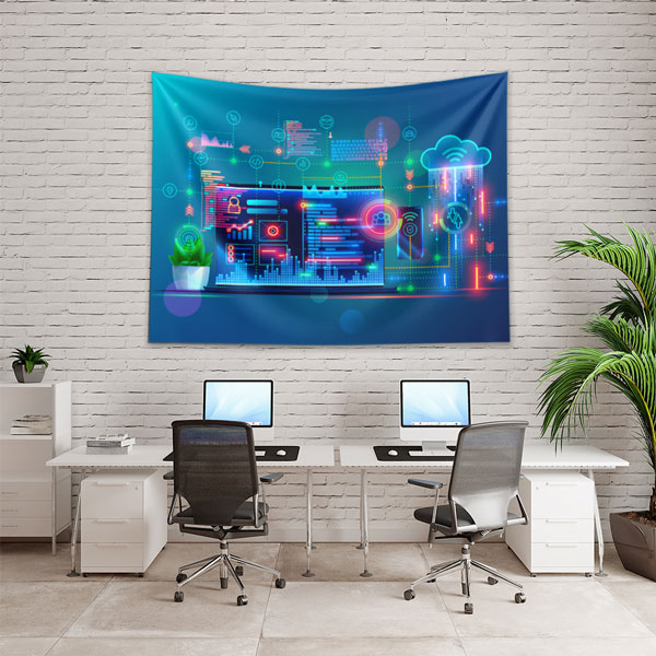 Neon Renkli Yazılım Arayüzü ve Bulut Teknolojisi Temalı Duvar Örtüsü 5418