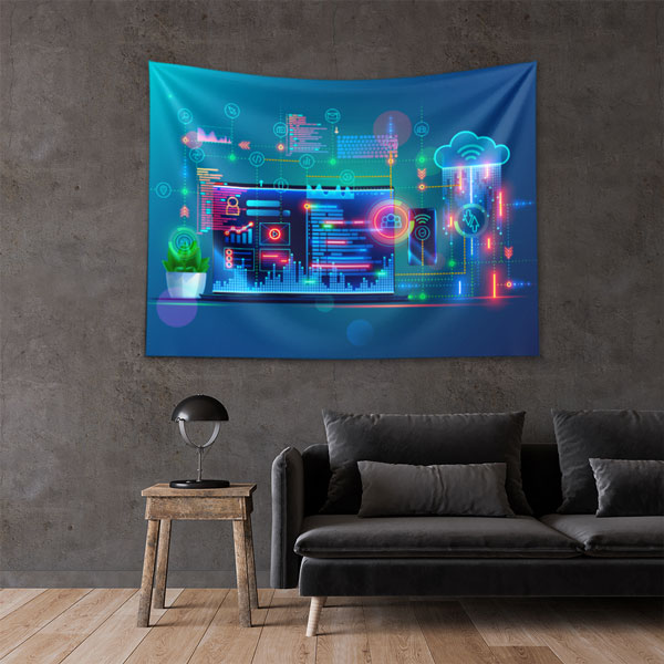 Neon Renkli Yazılım Arayüzü ve Bulut Teknolojisi Temalı Duvar Örtüsü 5418