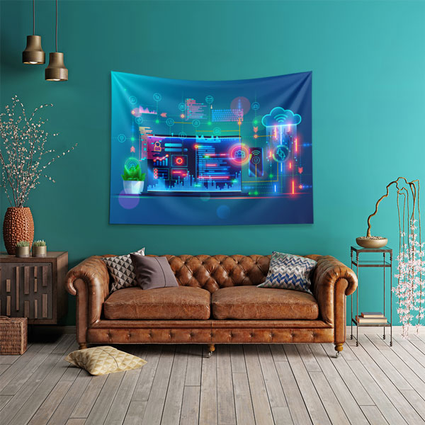 Neon Renkli Yazılım Arayüzü ve Bulut Teknolojisi Temalı Duvar Örtüsü 5418