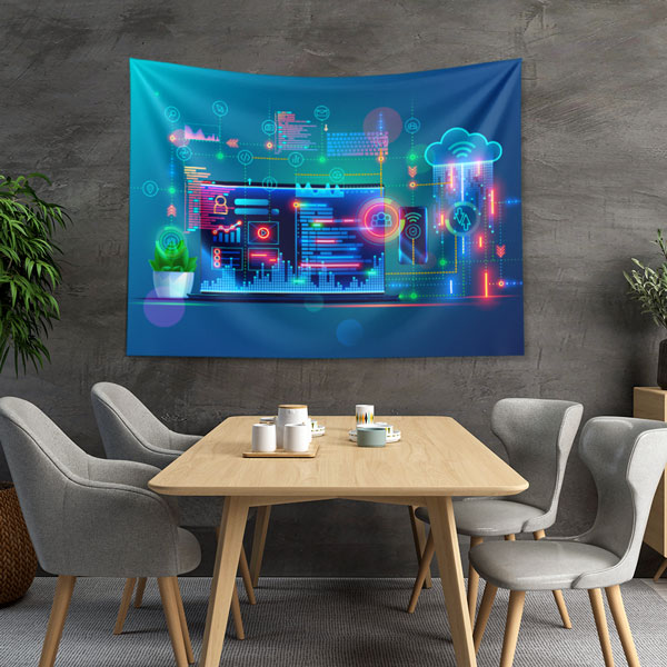 Neon Renkli Yazılım Arayüzü ve Bulut Teknolojisi Temalı Duvar Örtüsü 5418