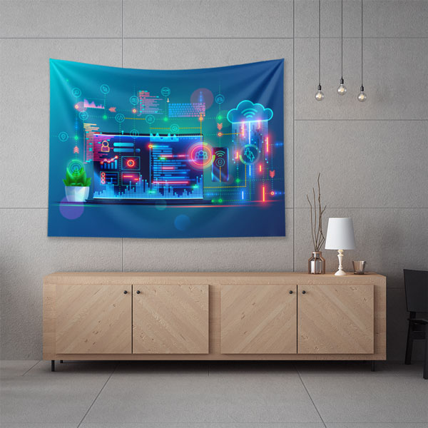 Neon Renkli Yazılım Arayüzü ve Bulut Teknolojisi Temalı Duvar Örtüsü 5418