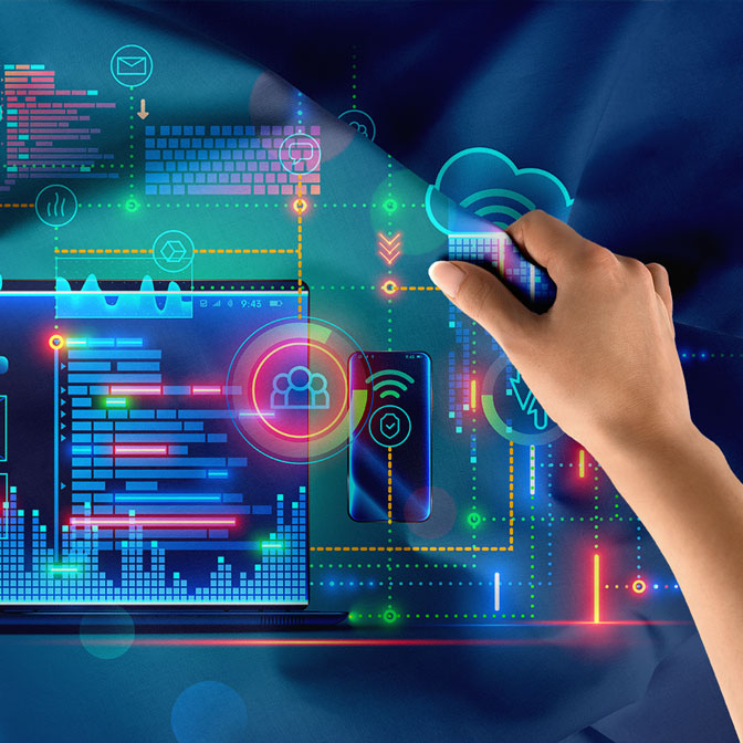 Neon Renkli Yazılım Arayüzü ve Bulut Teknolojisi Temalı Duvar Örtüsü 5418