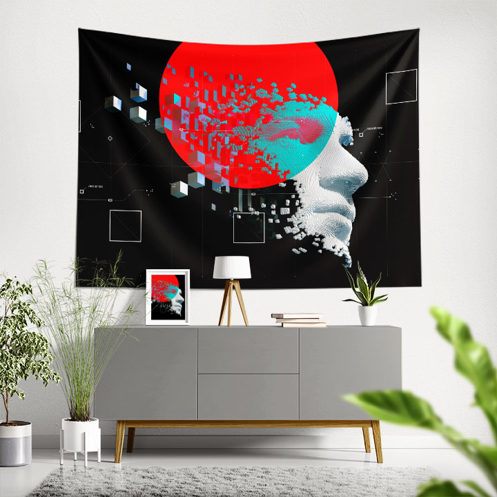 Geometrik Dijital Yüz ve Kırmızı Güneş Tasarımlı Duvar Örtüsü 5497