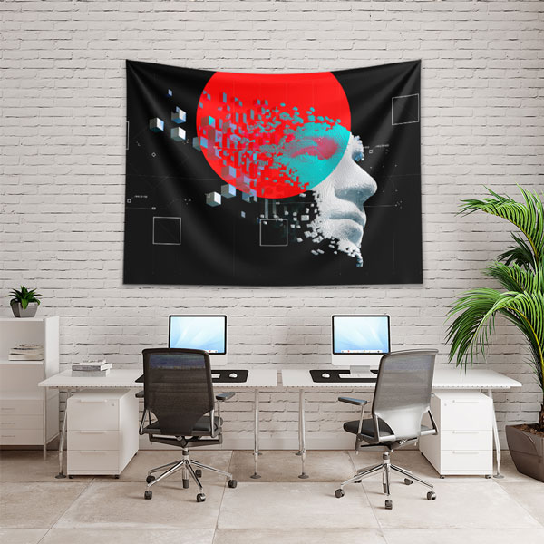 Geometrik Dijital Yüz ve Kırmızı Güneş Tasarımlı Duvar Örtüsü 5497