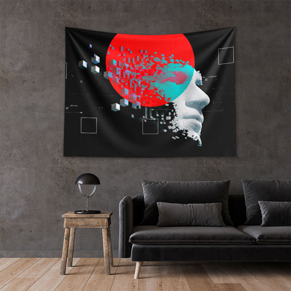 Geometrik Dijital Yüz ve Kırmızı Güneş Tasarımlı Duvar Örtüsü 5497