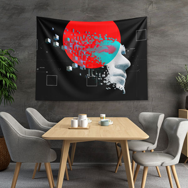 Geometrik Dijital Yüz ve Kırmızı Güneş Tasarımlı Duvar Örtüsü 5497