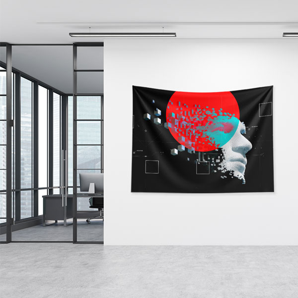 Geometrik Dijital Yüz ve Kırmızı Güneş Tasarımlı Duvar Örtüsü 5497