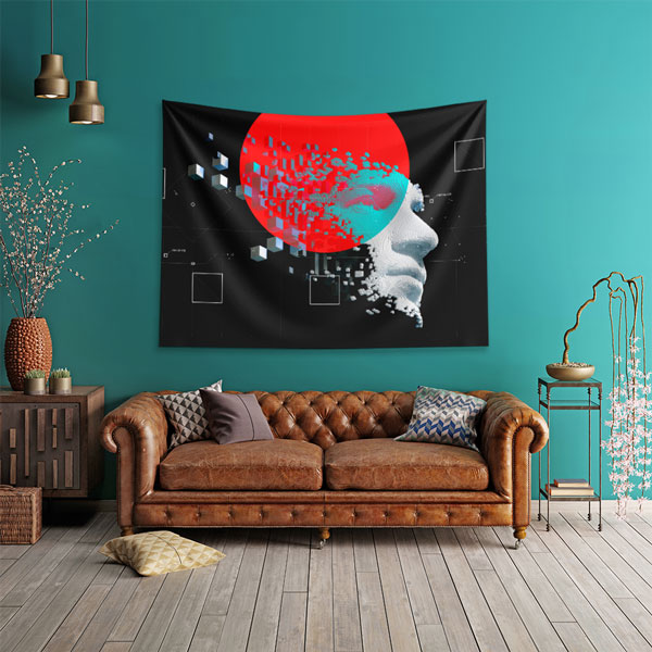 Geometrik Dijital Yüz ve Kırmızı Güneş Tasarımlı Duvar Örtüsü 5497