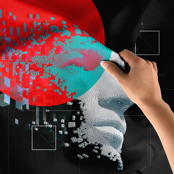 Geometrik Dijital Yüz ve Kırmızı Güneş Tasarımlı Duvar Örtüsü 5497