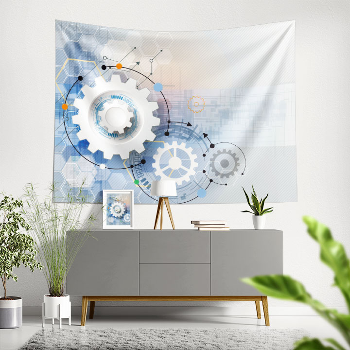 Mavi Beyaz Teknoloji ve Dişli Çark Tasarımlı Duvar Örtüsü 5505