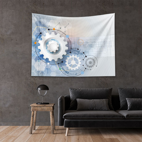 duvar-ortusu-5505-02 Mavi Beyaz Teknoloji ve Dişli Çark Tasarımlı Duvar Örtüsü 5505