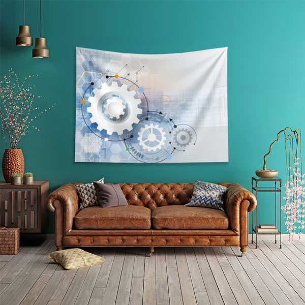 duvar-ortusu-5505-04 Mavi Beyaz Teknoloji ve Dişli Çark Tasarımlı Duvar Örtüsü 5505