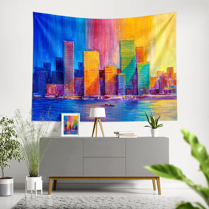 Renkli Gökyüzü ve Şehir Silüeti Temalı Duvar Örtüsü Kumaş Baskı 5603