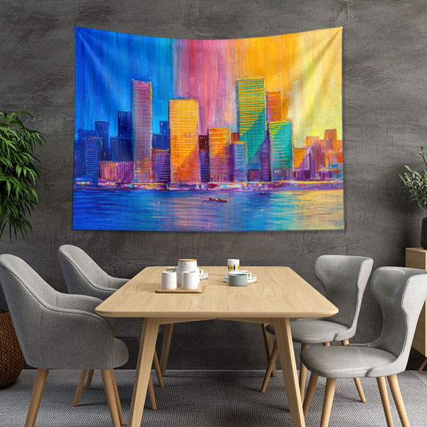 Renkli Gökyüzü ve Şehir Silüeti Temalı Duvar Örtüsü Kumaş Baskı 5603