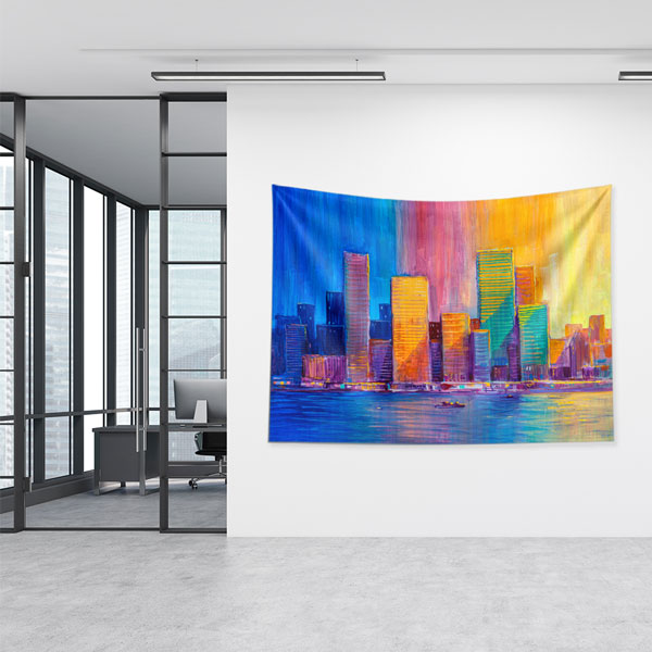 Renkli Gökyüzü ve Şehir Silüeti Temalı Duvar Örtüsü Kumaş Baskı 5603