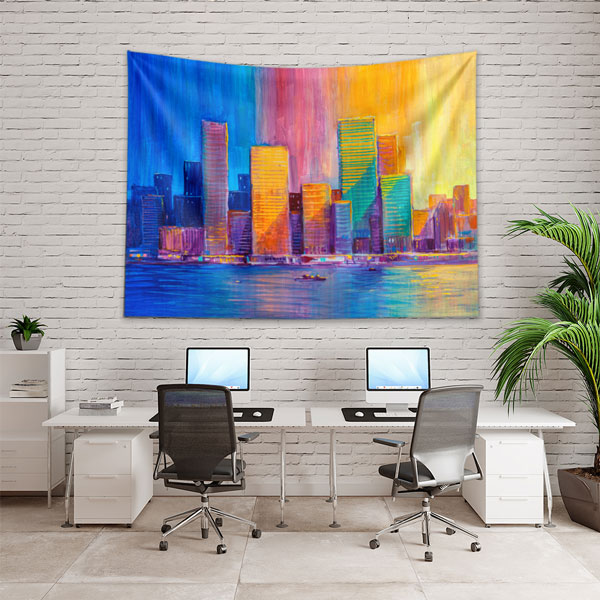 Renkli Gökyüzü ve Şehir Silüeti Temalı Duvar Örtüsü Kumaş Baskı 5603