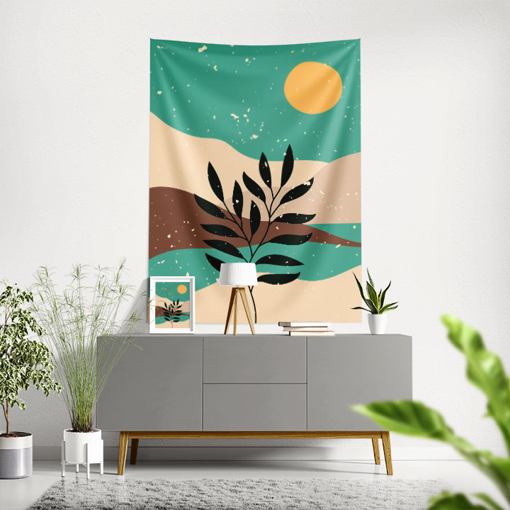 Minimal Güneş ve Yaprak Tasarımlı Duvar Örtüsü – Modern Bohem Duvar Dekoru 6269