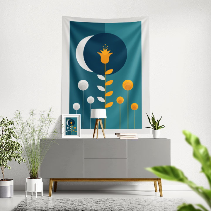 Minimal Hilal ve Çiçek Figürlü Duvar Örtüsü 6286