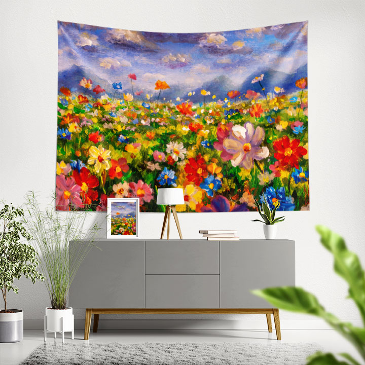 Renkli Çiçek Tarlası Desenli Botanik Duvar Örtüsü Kumaş Baskı 4280