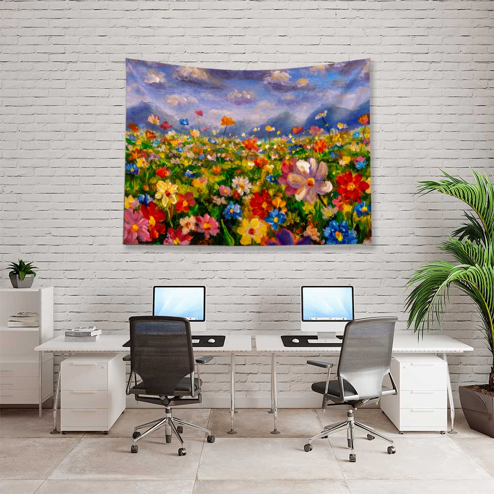 Renkli Çiçek Tarlası Desenli Botanik Duvar Örtüsü Kumaş Baskı 4280