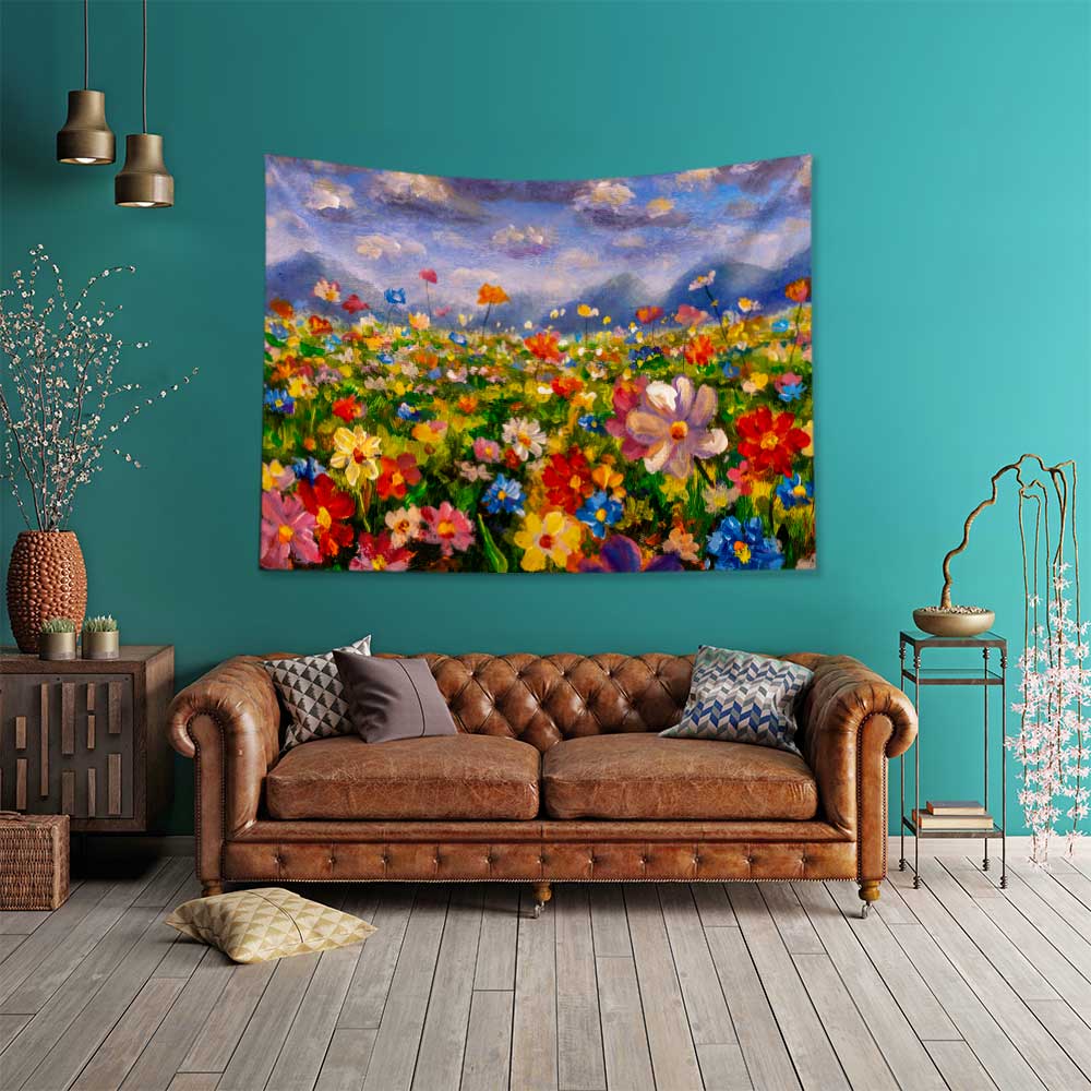 Renkli Çiçek Tarlası Desenli Botanik Duvar Örtüsü Kumaş Baskı 4280