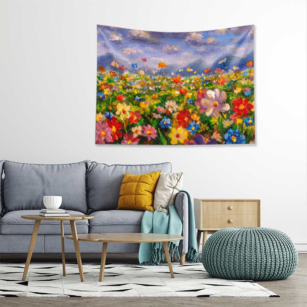 Renkli Çiçek Tarlası Desenli Botanik Duvar Örtüsü Kumaş Baskı 4280