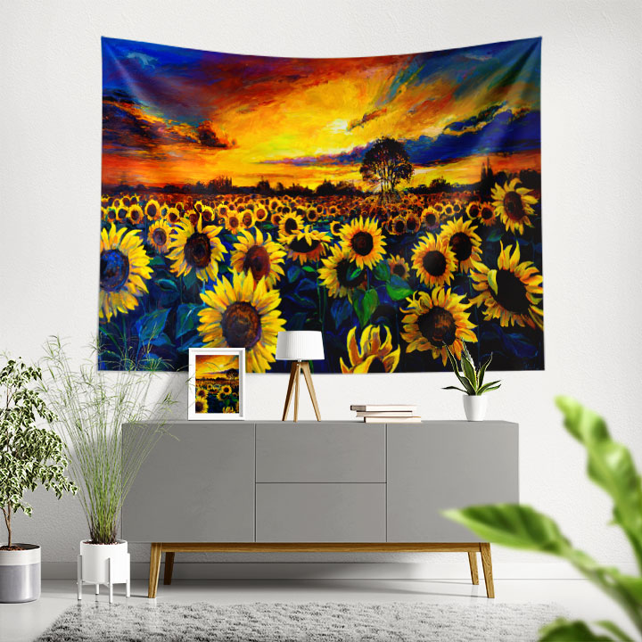 Gün Batımında Ayçiçeği Tarlası Desenli Botanik Duvar Örtüsü Kumaş Baskı 4281