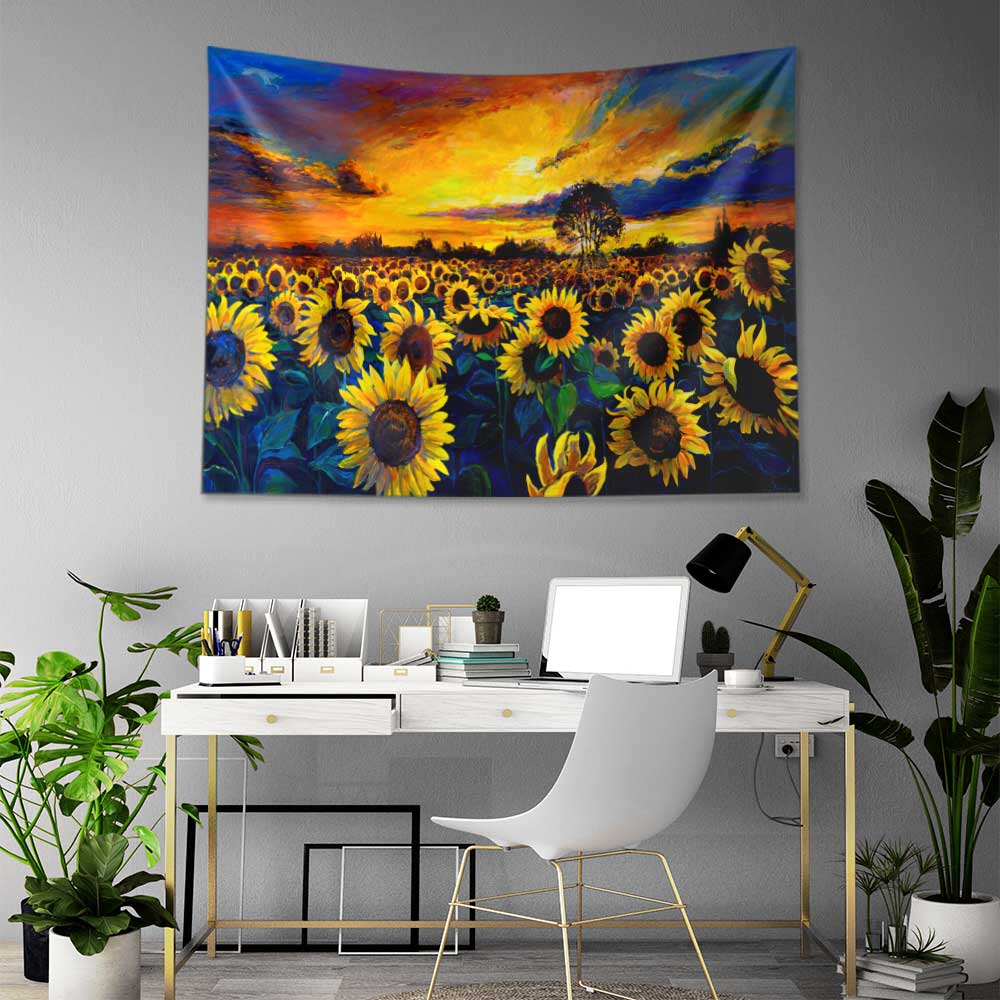 Gün Batımında Ayçiçeği Tarlası Desenli Botanik Duvar Örtüsü Kumaş Baskı 4281