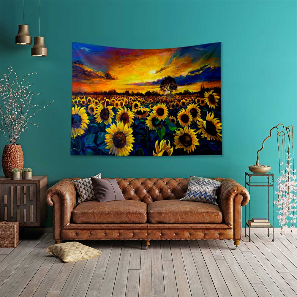 Gün Batımında Ayçiçeği Tarlası Desenli Botanik Duvar Örtüsü Kumaş Baskı 4281