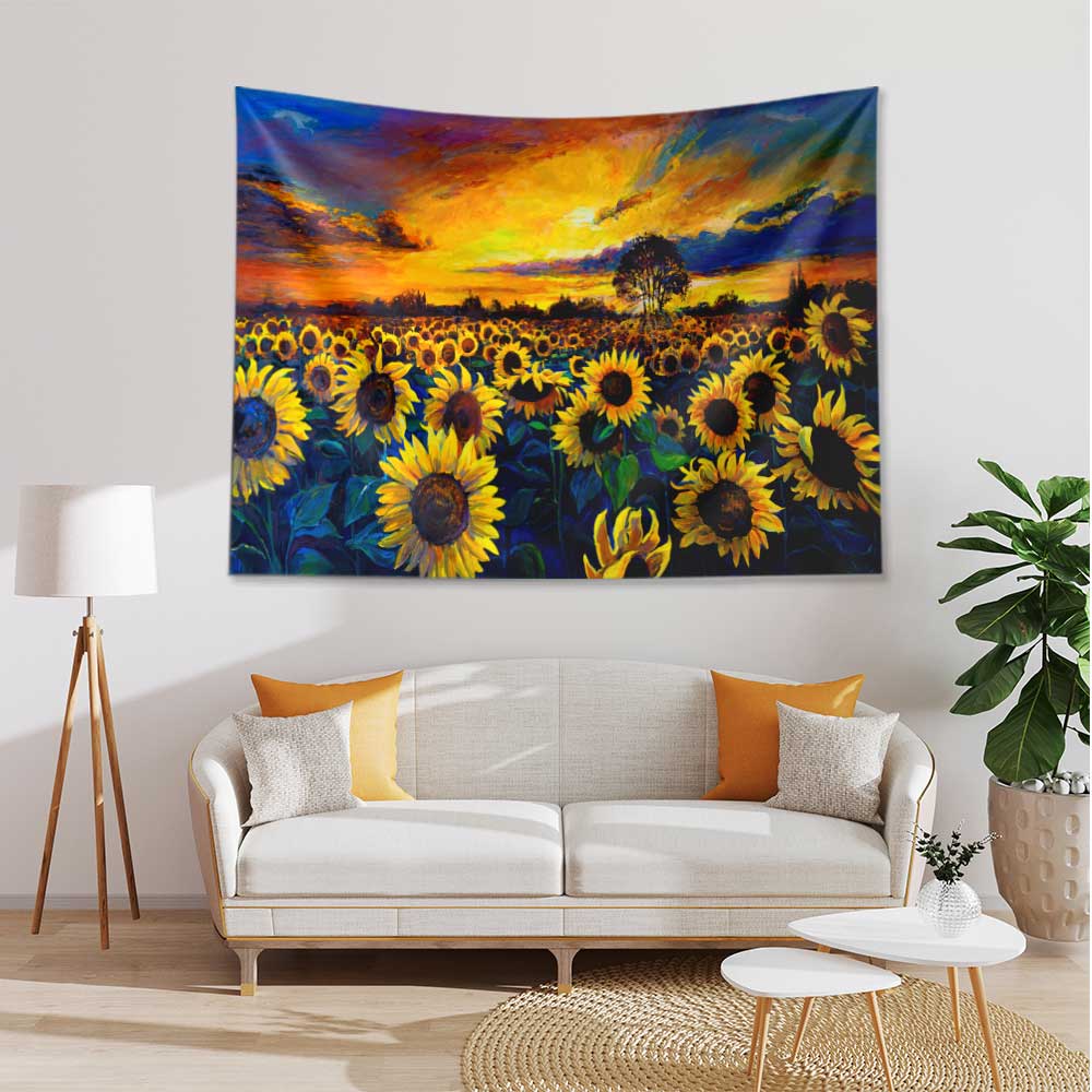 Gün Batımında Ayçiçeği Tarlası Desenli Botanik Duvar Örtüsü Kumaş Baskı 4281