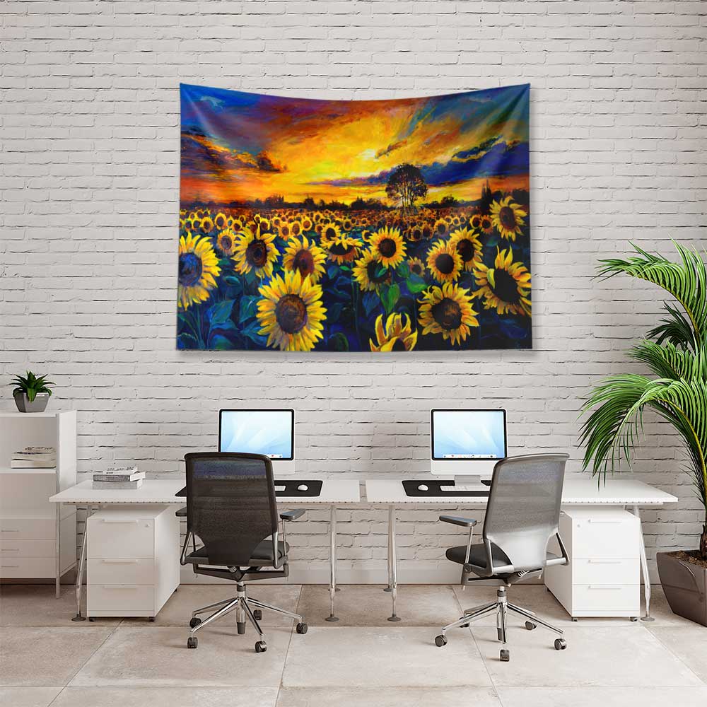 Gün Batımında Ayçiçeği Tarlası Desenli Botanik Duvar Örtüsü Kumaş Baskı 4281