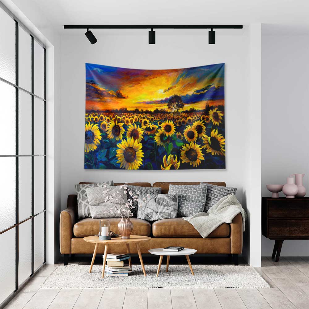 Gün Batımında Ayçiçeği Tarlası Desenli Botanik Duvar Örtüsü Kumaş Baskı 4281