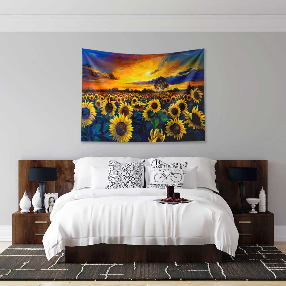 Gün Batımında Ayçiçeği Tarlası Desenli Botanik Duvar Örtüsü Kumaş Baskı 4281