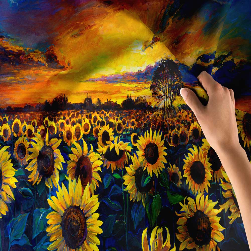 Gün Batımında Ayçiçeği Tarlası Desenli Botanik Duvar Örtüsü Kumaş Baskı 4281