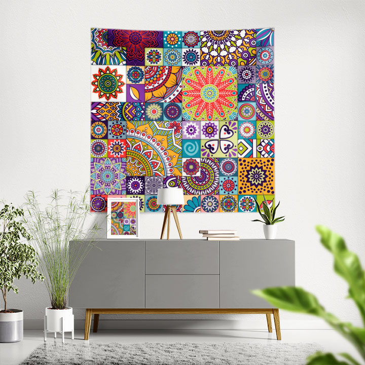 Renkli Mandala Desenli Etnik Duvar Örtüsü Kumaş Baskı 4287