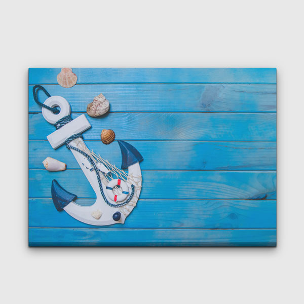 Mavi Ahşap Zeminde Dekoratif Çapa ve Deniz Kabukları Duvar Tablosu 4582