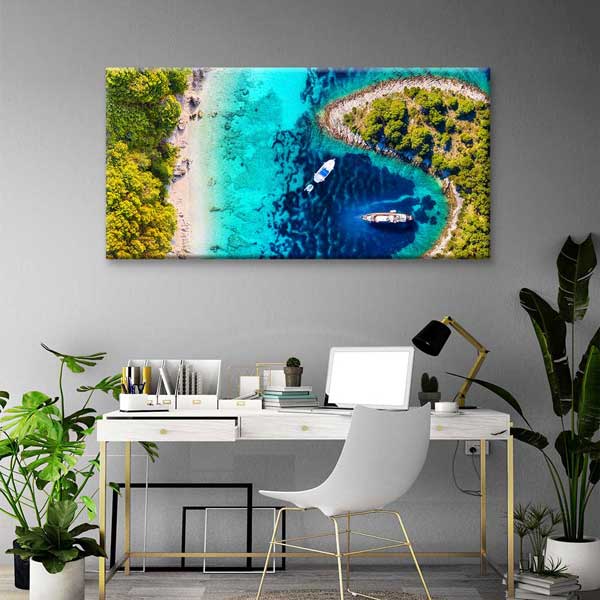 Turkuaz Koy ve Tekneler Üstten Görünüm Deniz Temalı Duvar Tablosu 4584