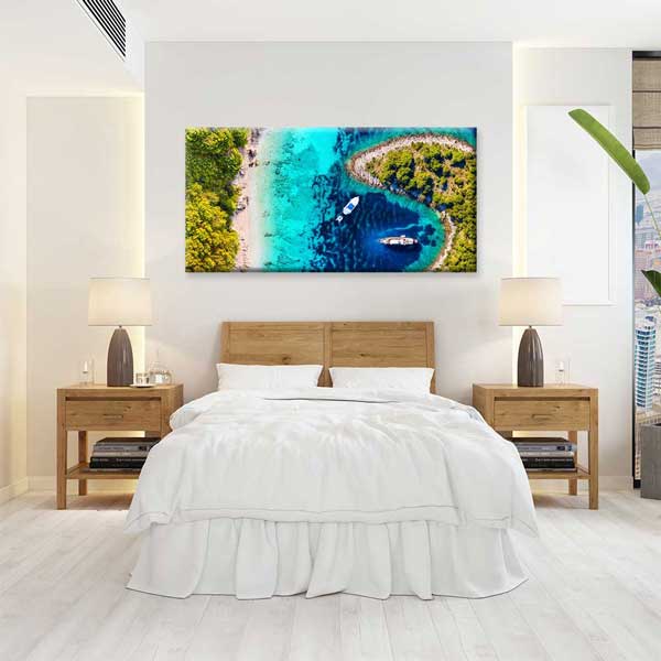 Turkuaz Koy ve Tekneler Üstten Görünüm Deniz Temalı Duvar Tablosu 4584