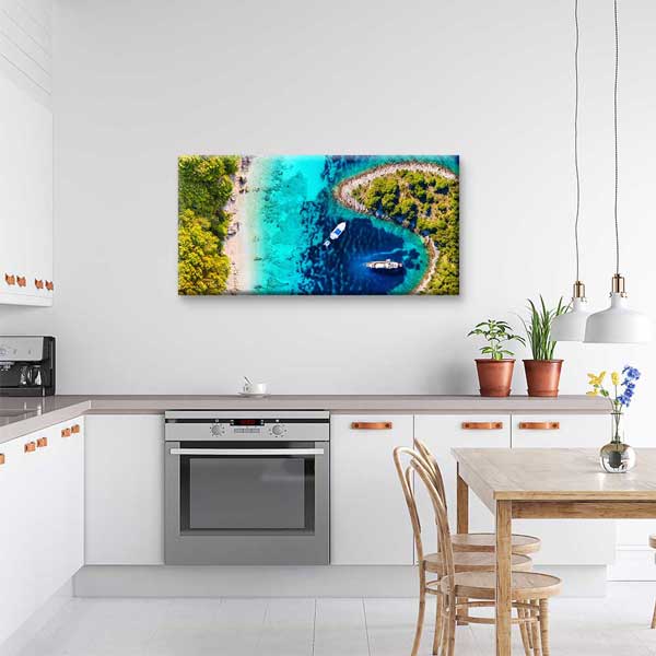Turkuaz Koy ve Tekneler Üstten Görünüm Deniz Temalı Duvar Tablosu 4584
