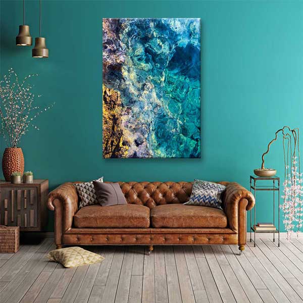 Kayalık Kıyıda Turkuaz Su Dokusu Soyut Deniz Temalı Duvar Tablosu 4587
